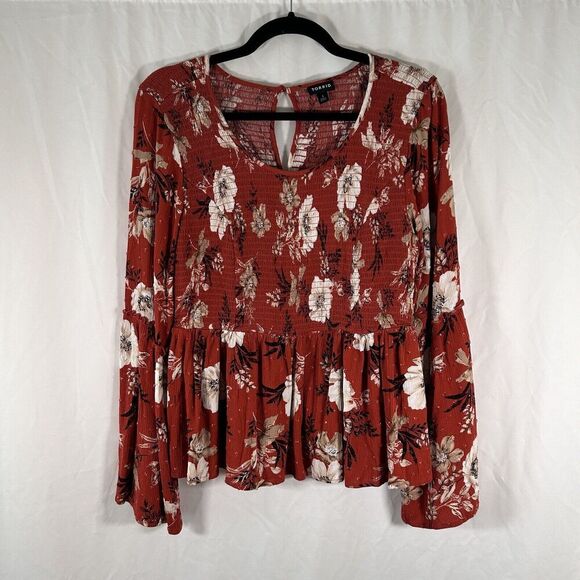 Torrid Blouse Women's 1 1X Brown Floral Bell Long Sleeve Round Neck Rayon - Picture 1 of 9